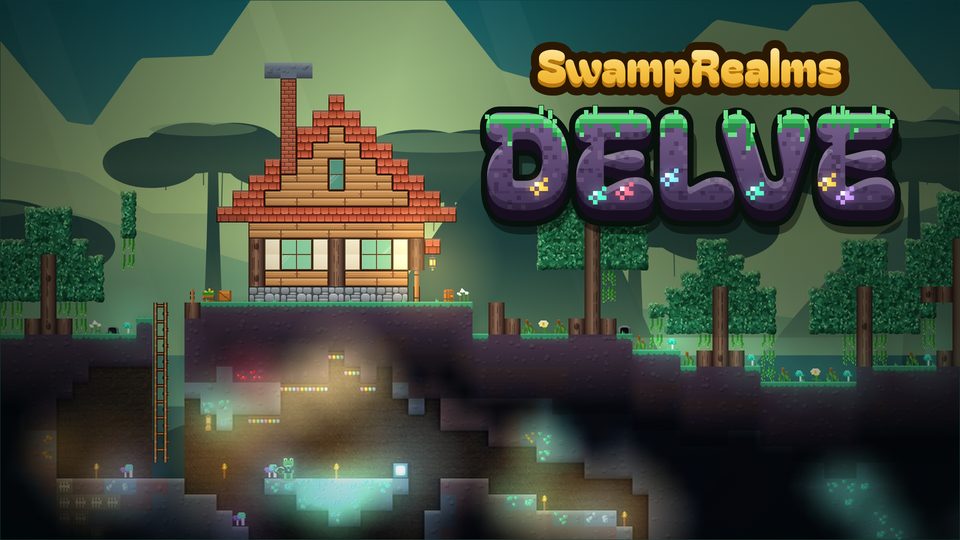 A cabin above a torch-lit cave full of glowing ore, with the DELVE logo in the sky